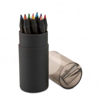 12 petits crayons de couleur noirs + taille-crayon dans tube en carton noir publicitaire - Ouvert - BLOCKY