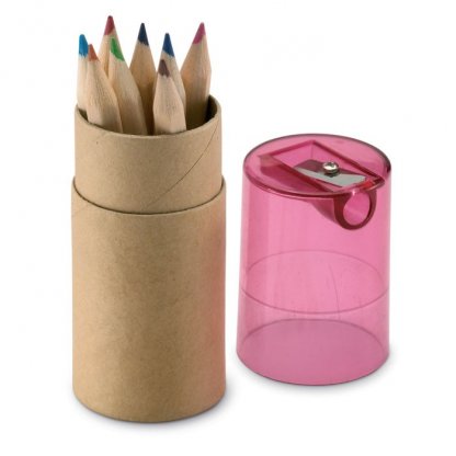 12 Petits Crayons De Couleur + Taille Crayon Dans Tube En Carton Publicitaire Rouge LAMBUT