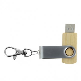 Clé USB publicitaire pivotante en bois ou bambou + métal - option mousqueton - ouverte - DEXTER
