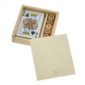 Coffret jeu de 54 cartes + 5 dés en bois publicitaire - JEFRI