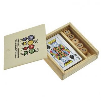 Coffret jeu de 54 cartes + 5 dés en bois publicitaire - ouvert - JEFRI