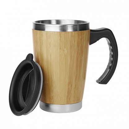 Mug Personnalisable Double Paroi Avec Poignée En Bambou 330ml Ouvert BATCH