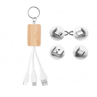 Porte-clés publicitaire avec câble de chargement en bambou - CLAUER