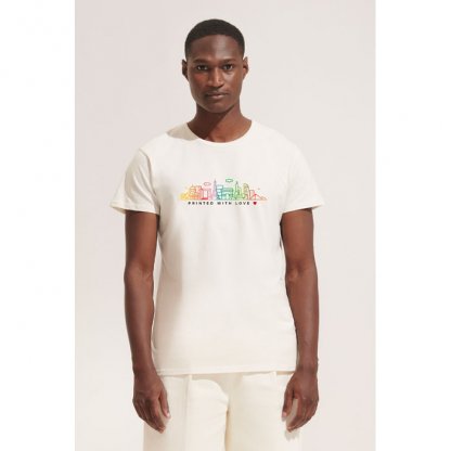 T Shirt Homme En Coton Bio 175g PIONEER MEN Naturel Avec Marquage Quadri