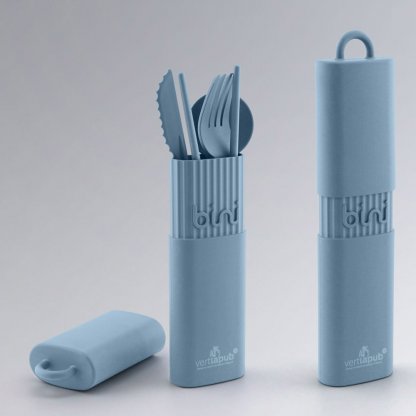 Set Couverts Réutilisables En Bioplastique BINI Bleu Avec Logo Vertlapub