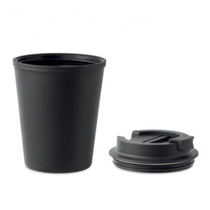Mug Double Paroi En Plastique Recyclé 300ml TRIDUS Noir Ouvert