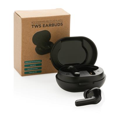 Écouteurs Sans Fil En Plastique Recyclé TWISS Noir Avec Boîte Carton Certifié
