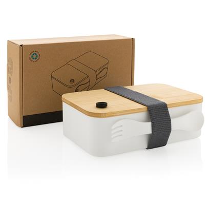 Lunch Box En Plastique Recyclé Et Bambou 700ml BAMCHETA Blanche Avec Boîte Carton