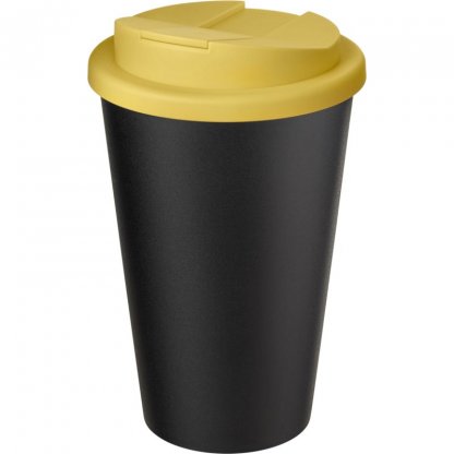 Mug Double Paroi En Plastique Recyclé Avec Couvercle Anti Déversement 350ml Noir Couvercle Jaune