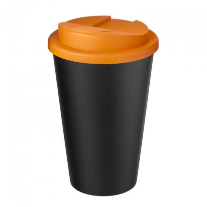 Mug Double Paroi En Plastique Recyclé Avec Couvercle Anti Déversement 350ml Noir Couvercle Orange