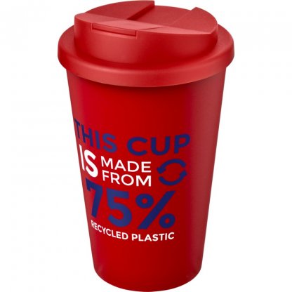 Mug Double Paroi En Plastique Recyclé Avec Couvercle Anti Déversement 350ml Tout Rouge Avec Marquage