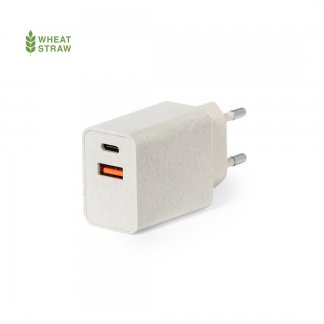 Bloc de charge rapide logoté en paille de blé - 2 sorties - USB et USB-C - AVERY