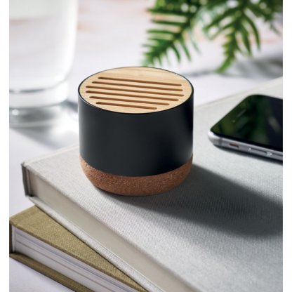 Enceinte sans fil publicitaire en alu recyclé, liège et bambou