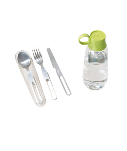 Pack Nomade Zéro Déchet Gourde Et Couverts PACK STREET COUVERTS GOBI Photo Principale Pack Avec Bouteille Vert Anis