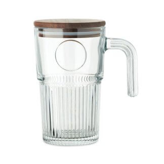 Tasse en verre publicitaire strié avec couvercle en bois d'acacia - 450ml - VITRIO JAR